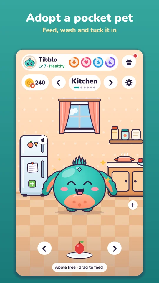 Adopt a pocket pet: Tibblo in the kitchen with an apple