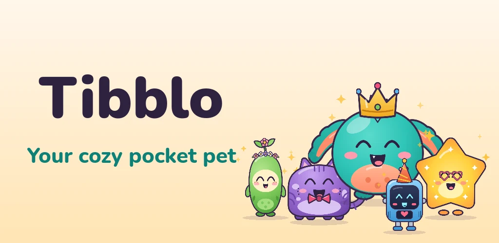 Tibblo wearing a crown, with four pet friends
